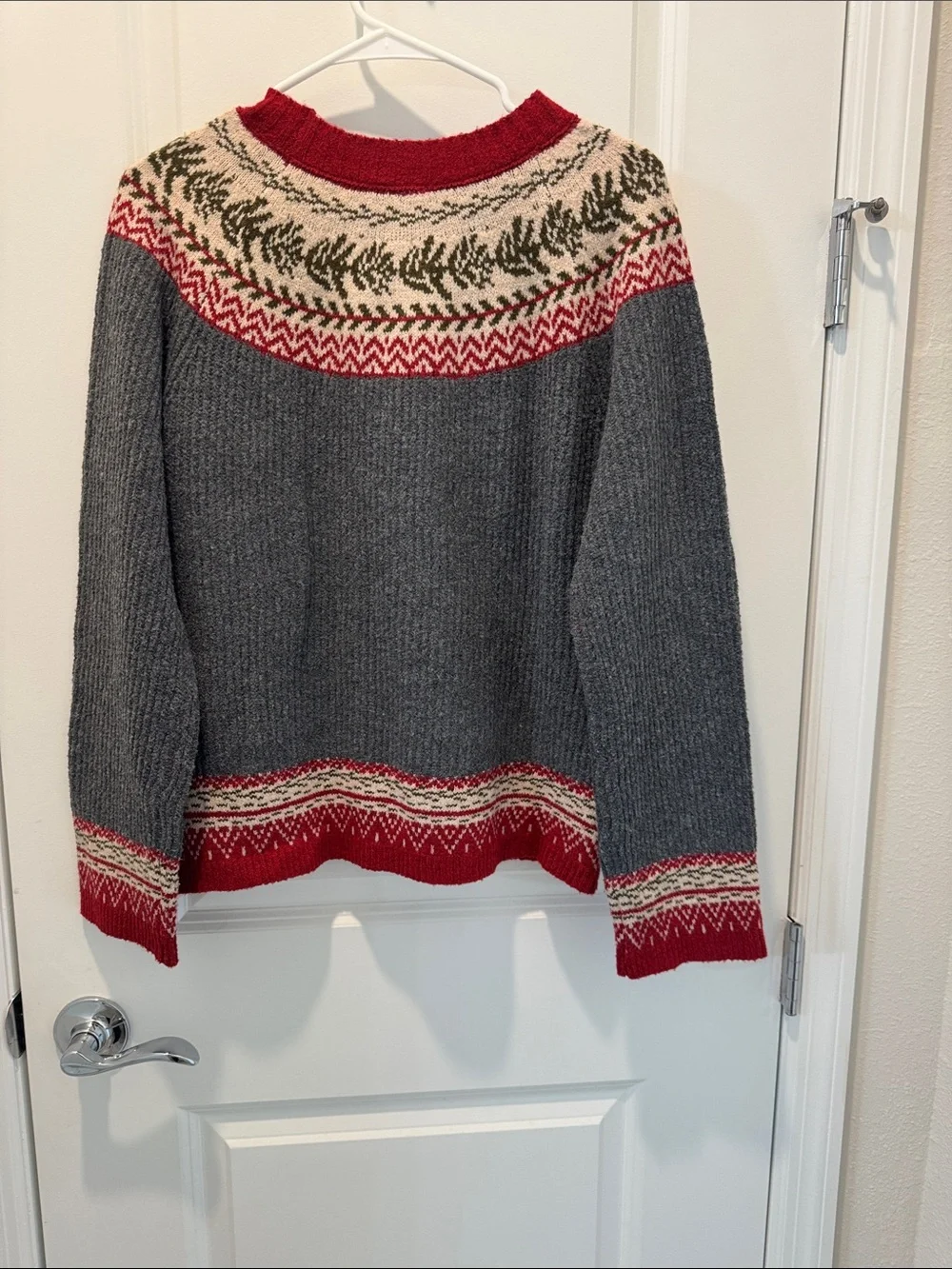 Cozy Gray Fair Isle Sweater with Red Trim